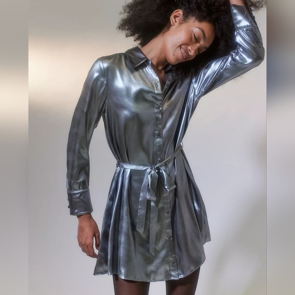 NWT Urban Outfitters Metallic Silver Midnight Strikes Belted Mini Dress S - Picture 1 of 4